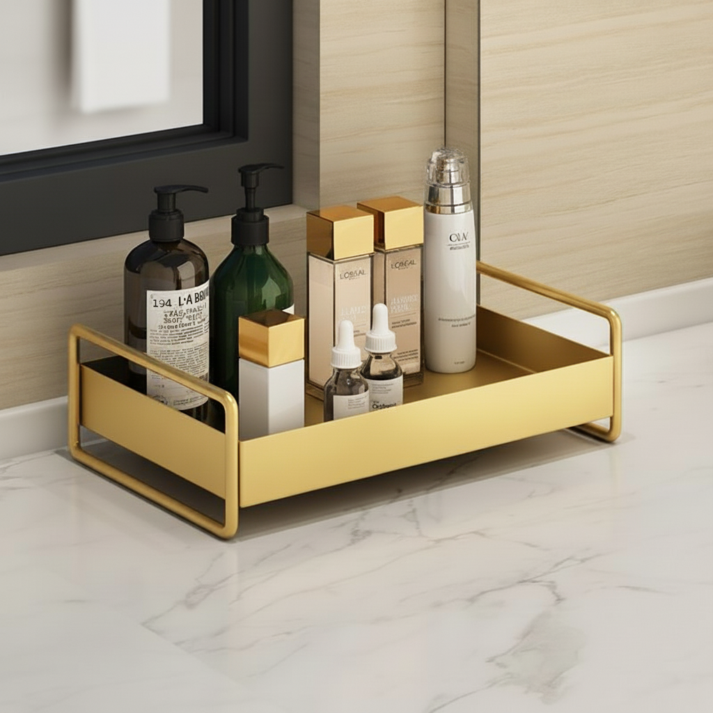 Elegant gold organizer tray for countertops. Modern storage for home decor & vanity essentials.