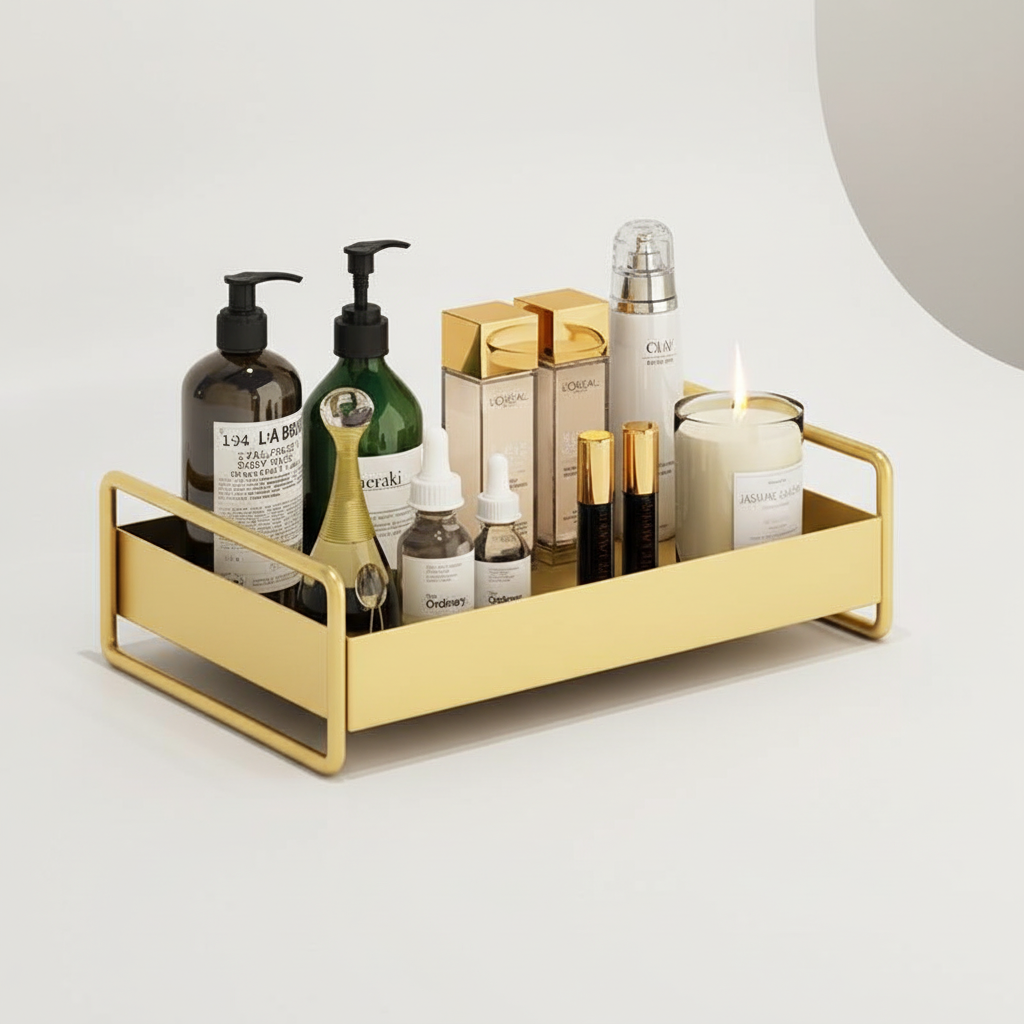 Modern gold vanity organizer tray. Ideal storage solution for bathroom accessories & cosmetics.