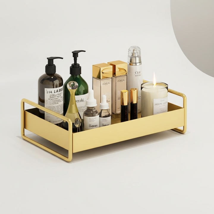 Modern gold vanity organizer tray. Ideal storage solution for bathroom accessories & cosmetics.