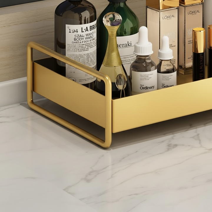 Glamorous gold desk organizer tray. Elegant storage for office supplies & modern workspaces.