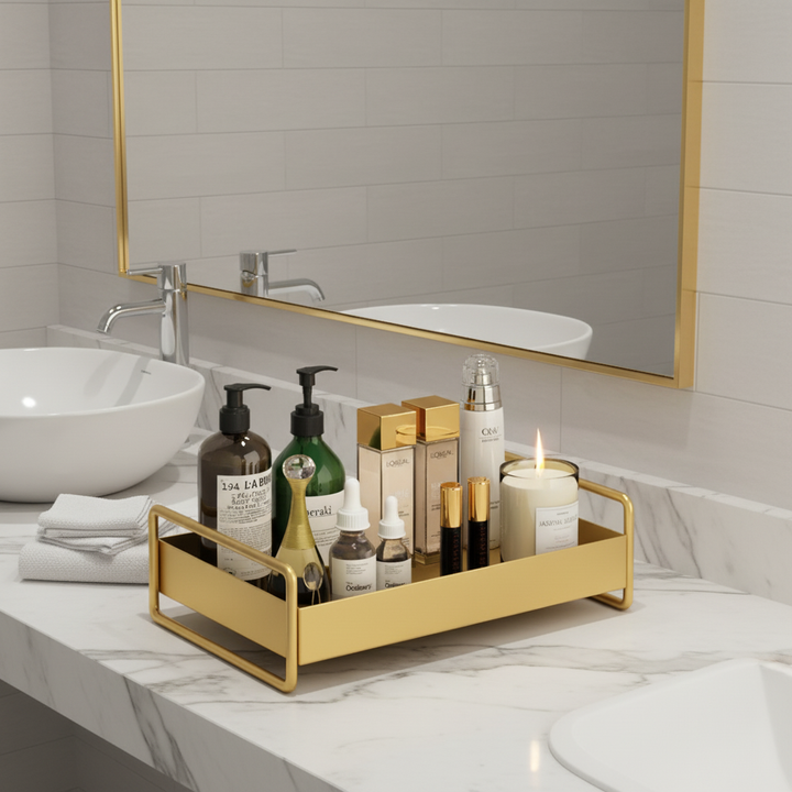 Gold organizer tray for jewelry & accessories. Keep your vanity clutter-free with elegant storage.