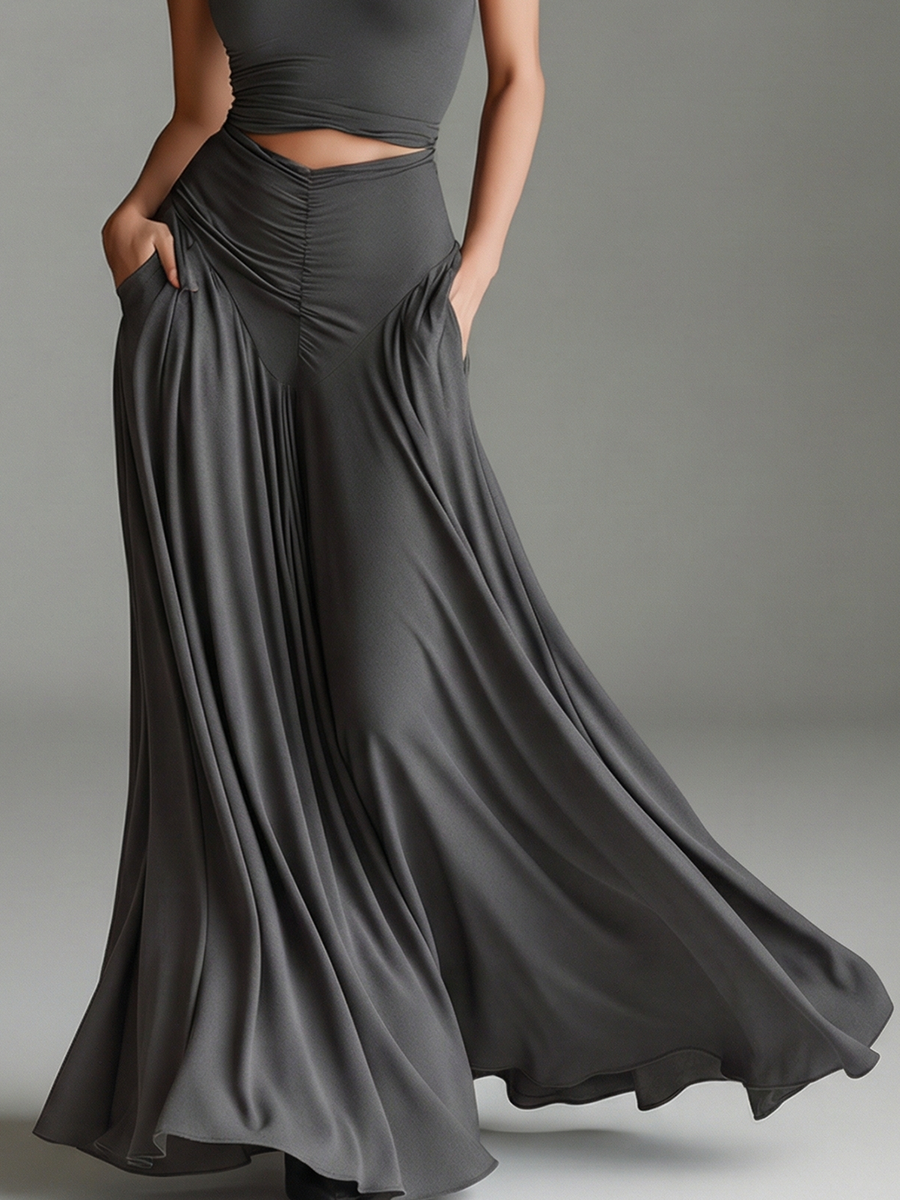 Elegant gray formal halter maxi dress, perfect for evening events, with a flattering cutout waist.