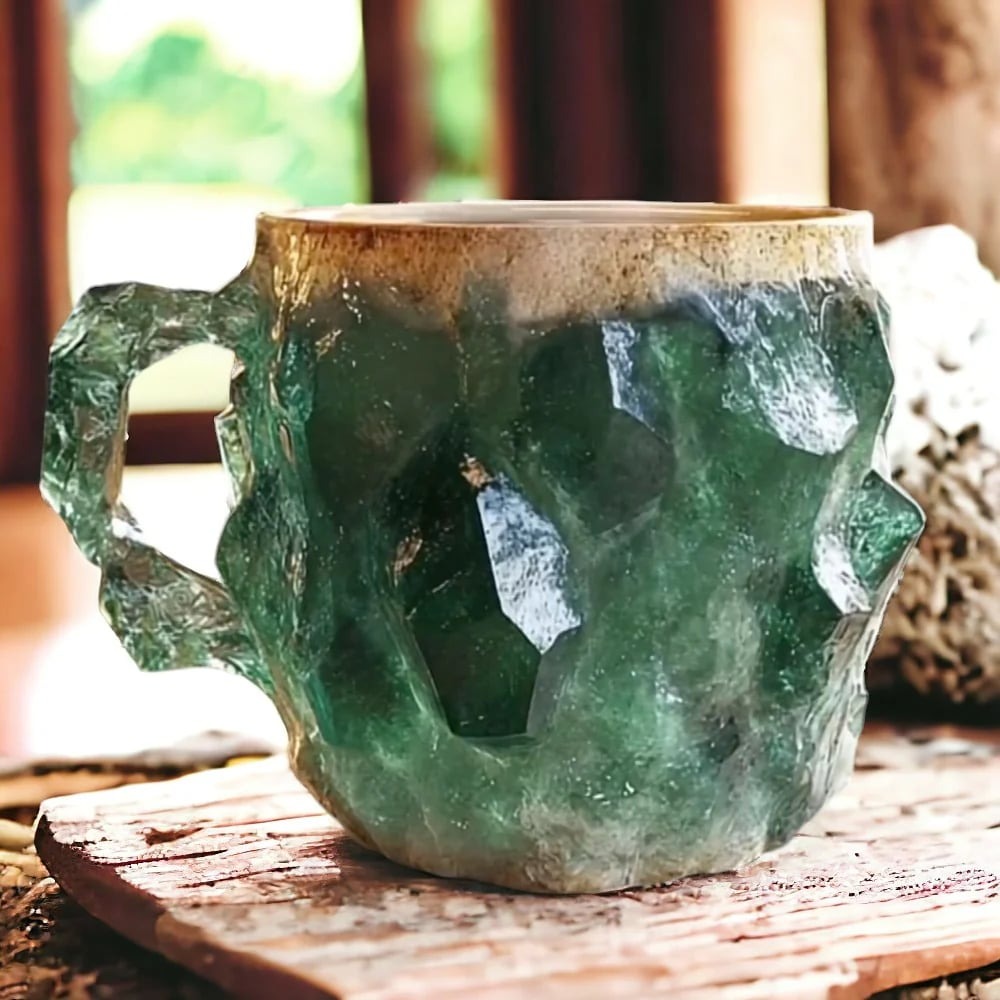 Detailed handcrafted crystal coffee mug, a unique artisan cup for elegant daily coffee or tea enjoyment.