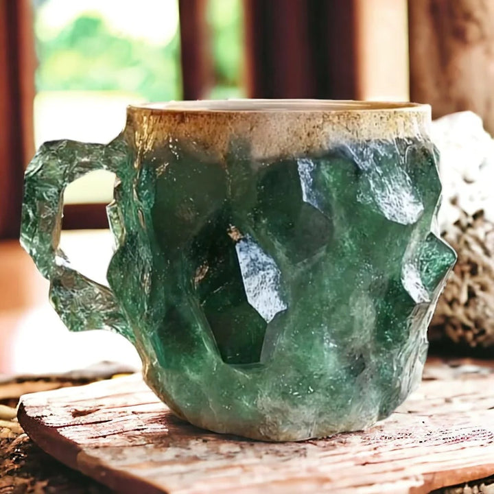 Detailed handcrafted crystal coffee mug, a unique artisan cup for elegant daily coffee or tea enjoyment.