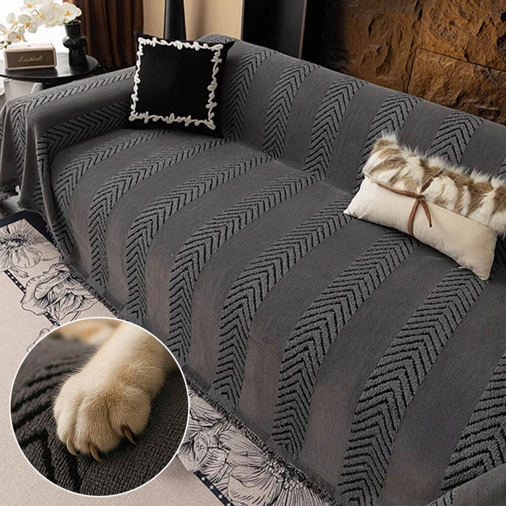 Beige herringbone chenille sofa protector, ideal for pet owners, adding warmth to living room.