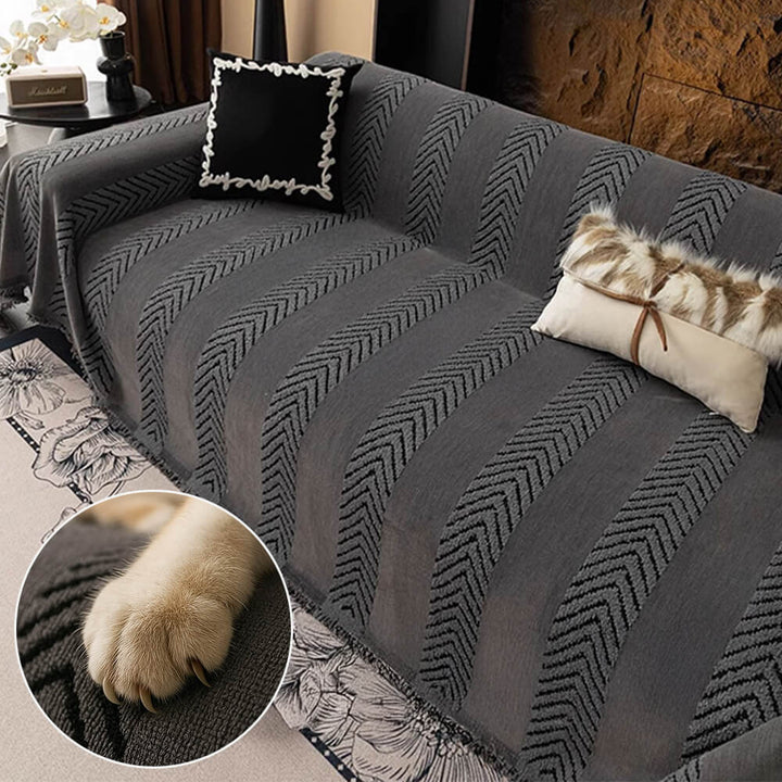 Beige herringbone chenille sofa protector, ideal for pet owners, adding warmth to living room.