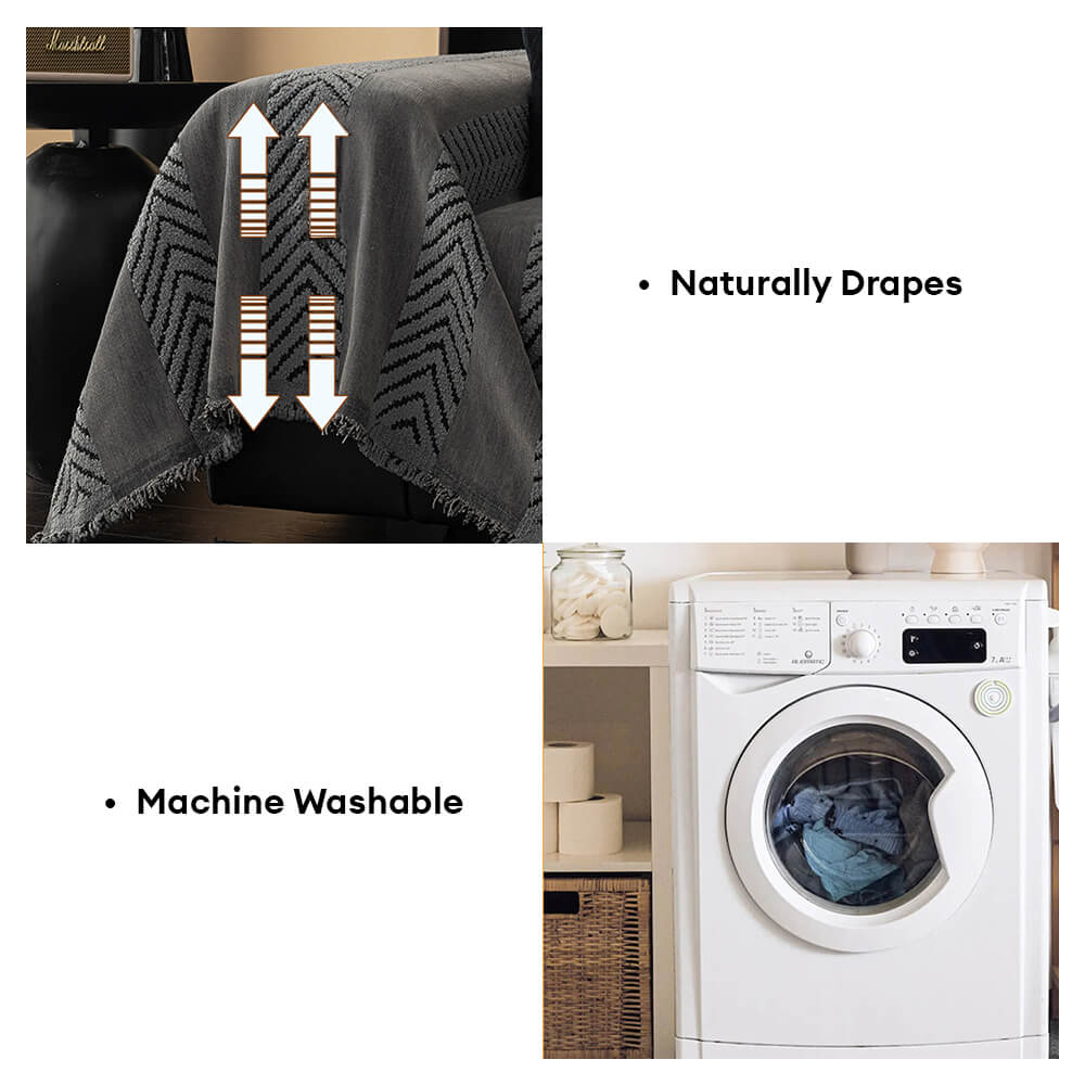 Machine washable herringbone chenille throw for sofas, combining easy care with elegant home decor.