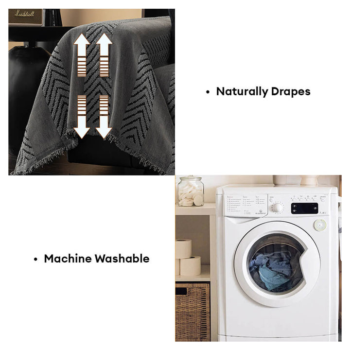 Machine washable herringbone chenille throw for sofas, combining easy care with elegant home decor.