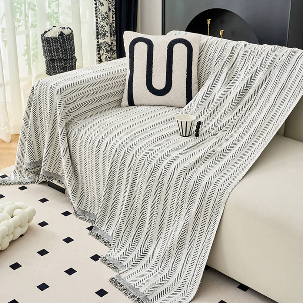 Close-up shot of the chenille fabric and herringbone weave, emphasizing the throw cover's quality