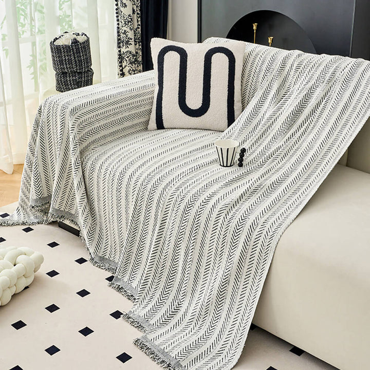 Close-up shot of the chenille fabric and herringbone weave, emphasizing the throw cover's quality