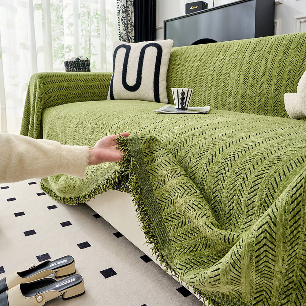 Close-up of herringbone chenille couch cover pattern, highlighting durable fabric and intricate weave