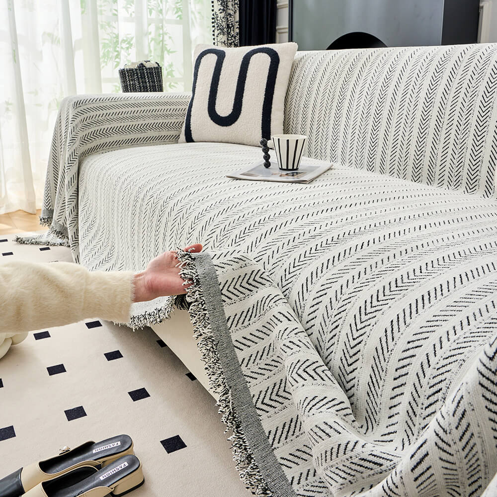 Soft chenille couch cover in herringbone design, perfect for home decor and sofa protection