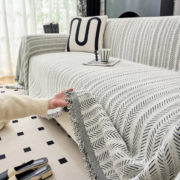 Soft chenille couch cover in herringbone design, perfect for home decor and sofa protection