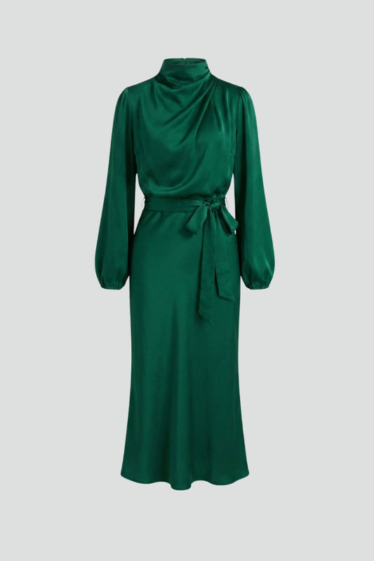Elegant high neck long sleeve midi dress for women. Perfect for sophisticated cocktail & formal events.