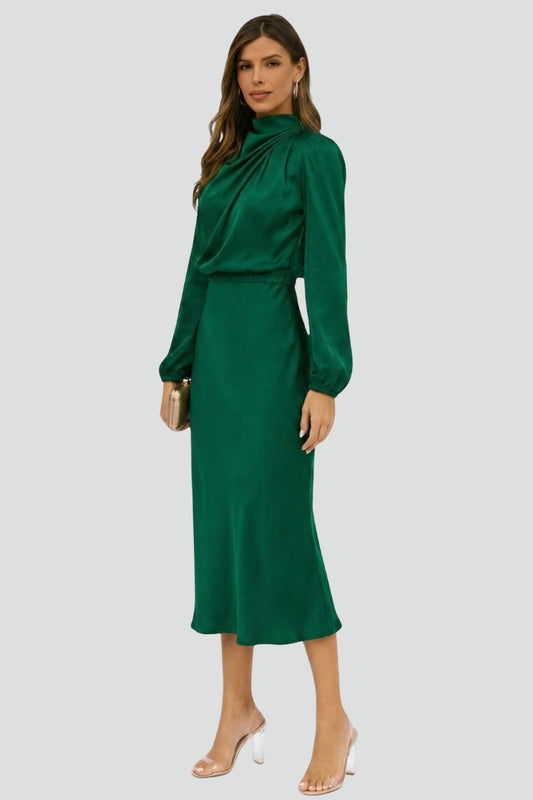 Emerald green high neck long sleeve midi dress. Elegant women's fashion, perfect for formal events or cocktail parties.