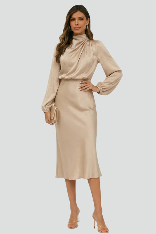 Chic beige women's high neck long sleeve midi dress. Versatile and elegant for formal events or sophisticated style.