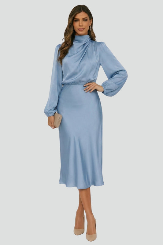 Light blue high neck long sleeve midi dress. Women's elegant fashion, perfect for a fresh & sophisticated look.