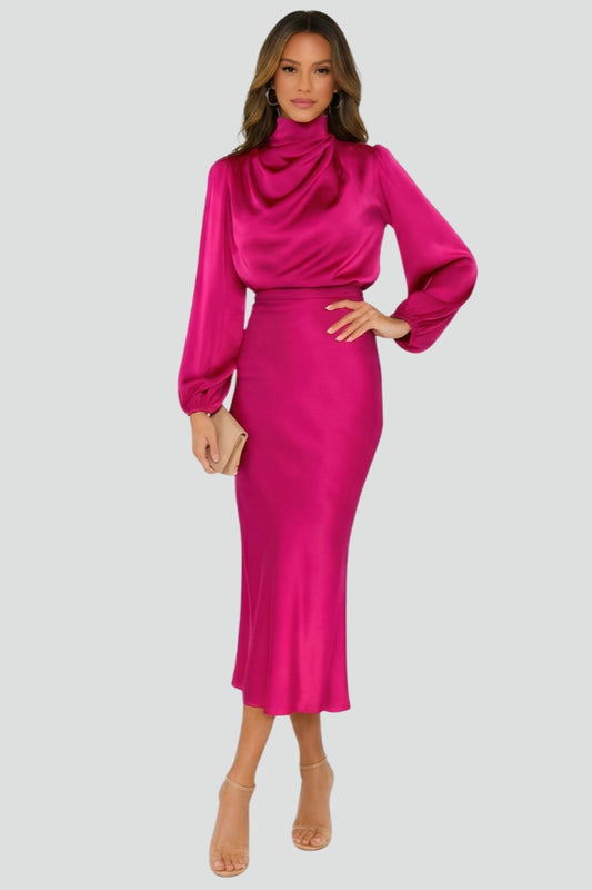 Pretty pink high neck long sleeve midi dress for women. Elegant & sophisticated for special occasions or formal events.