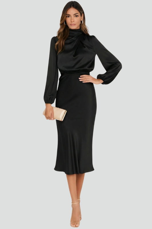 Women's elegant high neck long sleeve midi dress. Versatile design, available in multiple colors for any occasion.