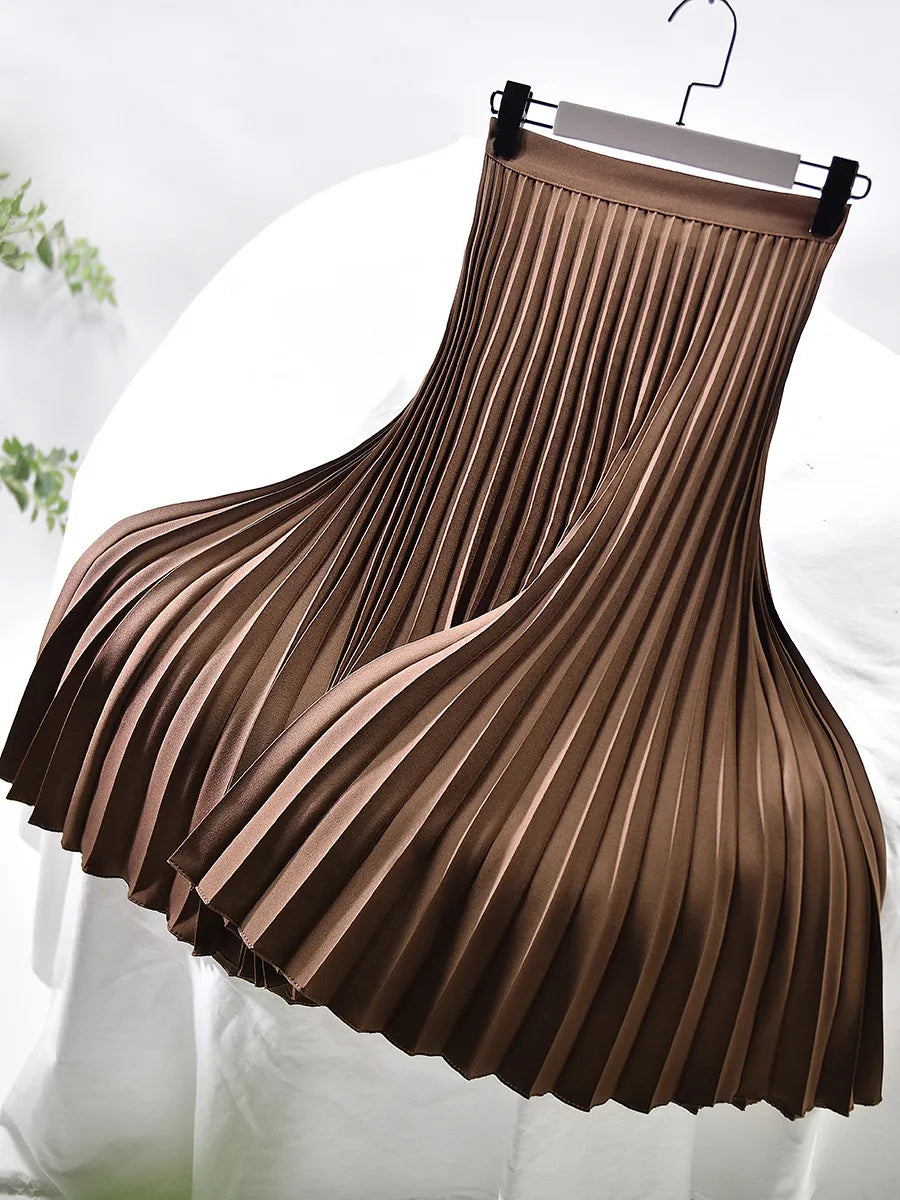 Versatile elegant high waist pleated midi skirt for women, suitable for casual & formal occasions.