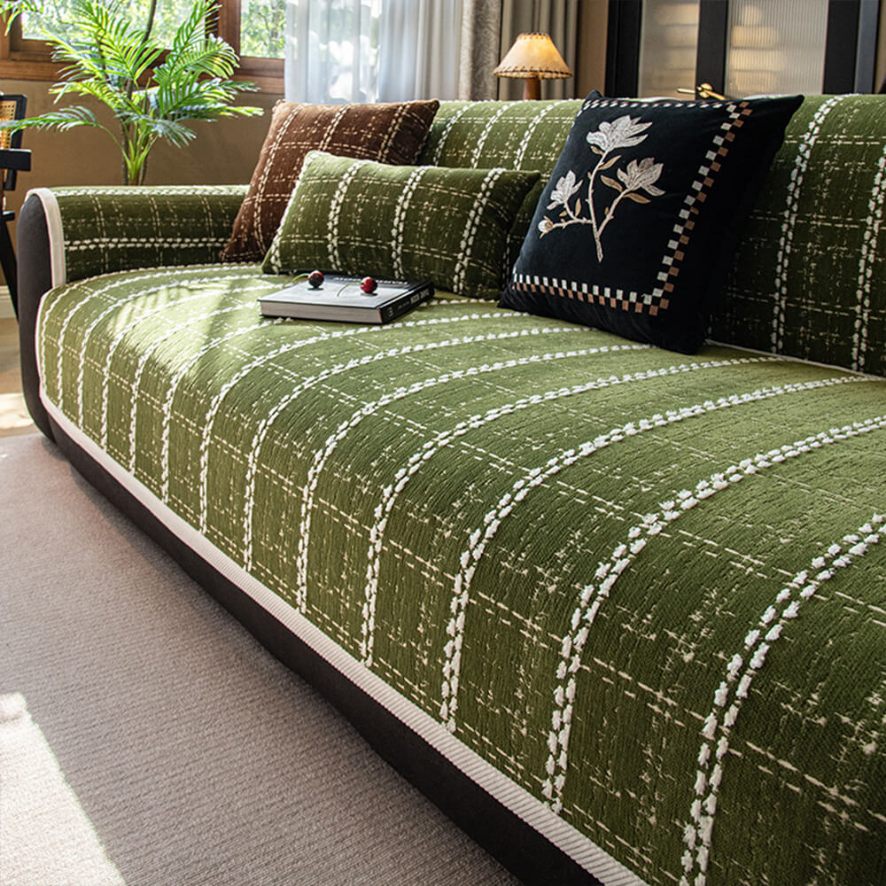 Elegant jacquard chenille sofa protector with checkered pattern, pet-friendly and non-slip design.