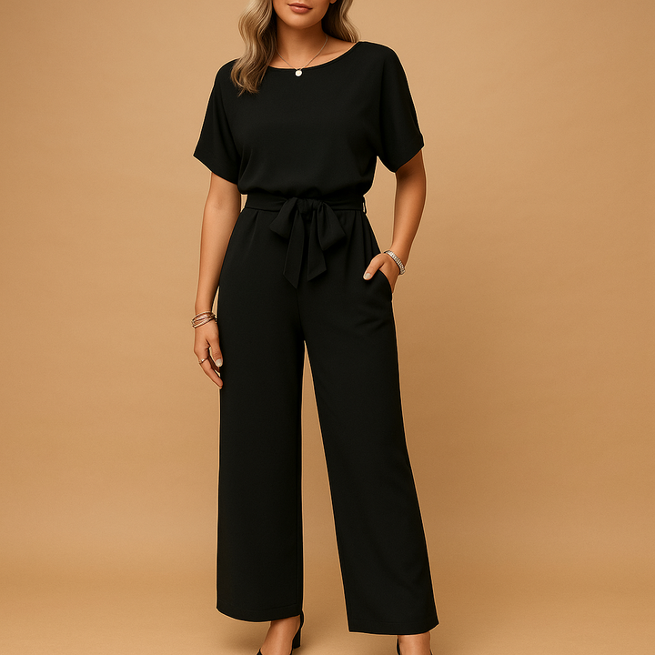Black elegant tailored jumpsuit with flowing sleeves for women, ideal for evening wear & galas.