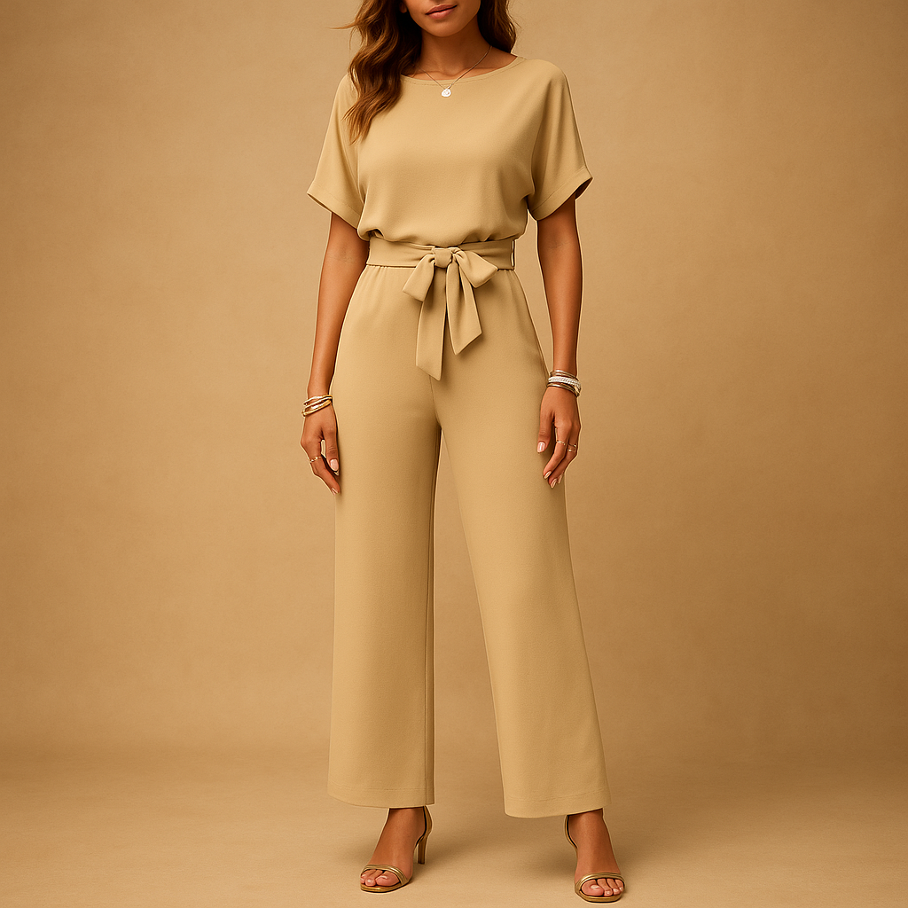 Women's formal tailored jumpsuit with elegant flowy sleeves, ideal for evening events & special occasions.