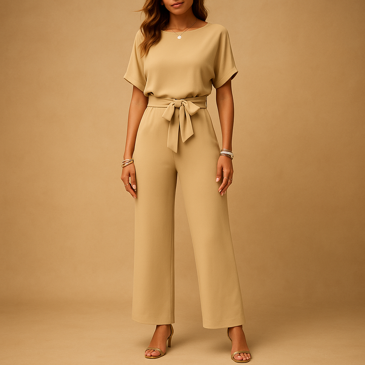 Women's formal tailored jumpsuit with elegant flowy sleeves, ideal for evening events & special occasions.