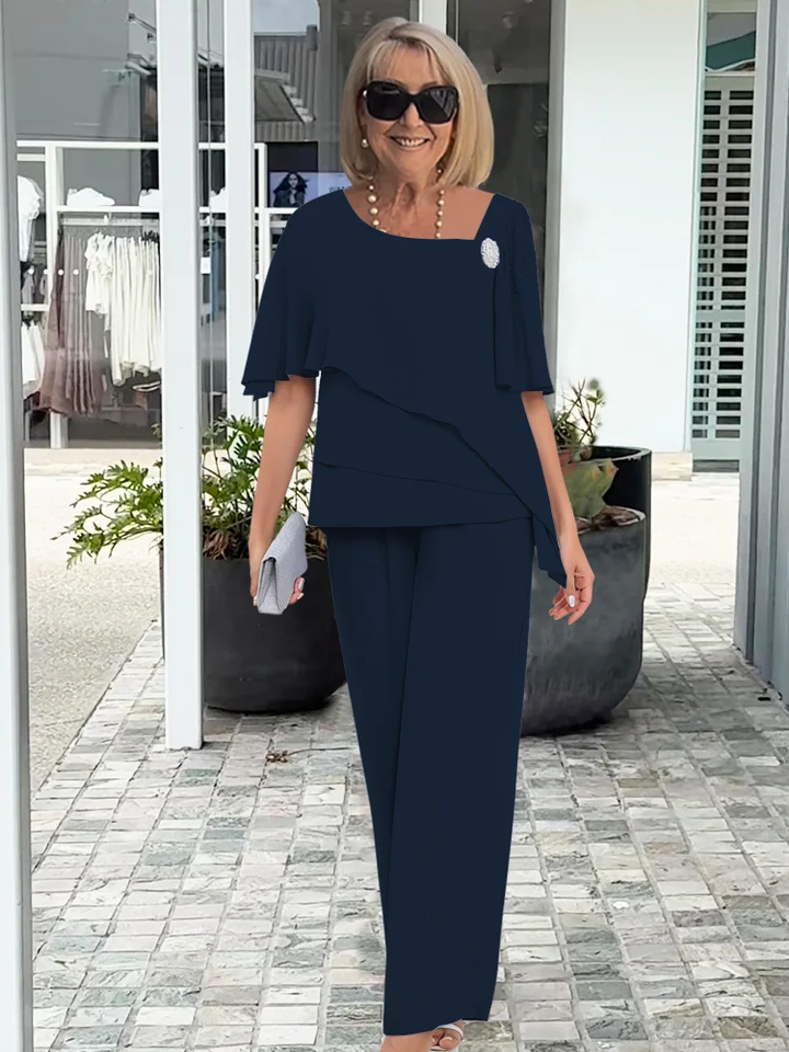 Formal navy blue women's set: stylish cape top and trousers for special events, parties & weddings.
