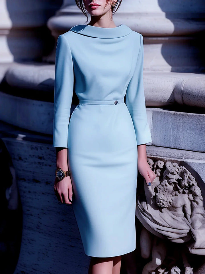Elegant light blue women's midi dress with V-back and belt, perfect for work or sophisticated casual wear.