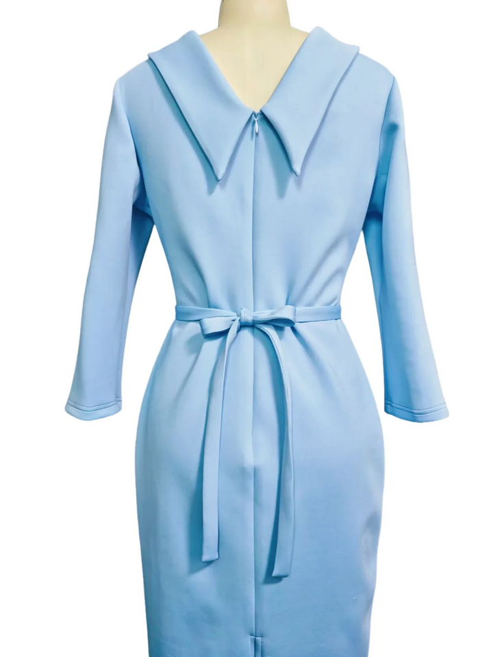 Women's belted V-back midi dress. Ideal for business casual, office, or semi-formal occasions.