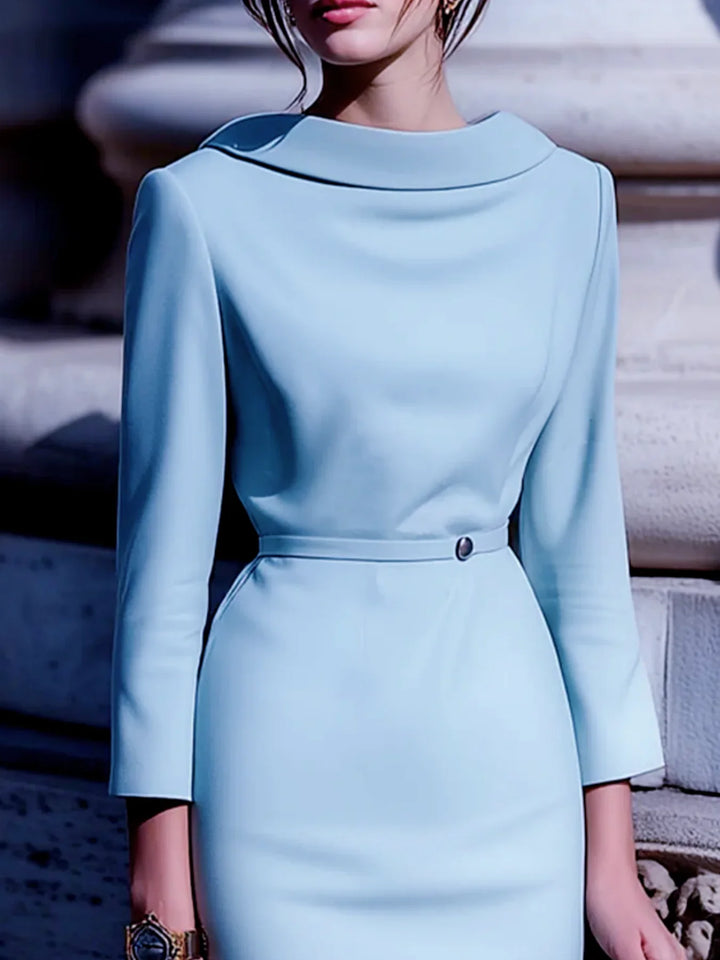 Sophisticated mid-sleeve midi dress for women, light blue, features V-back & flattering belt for elegance.