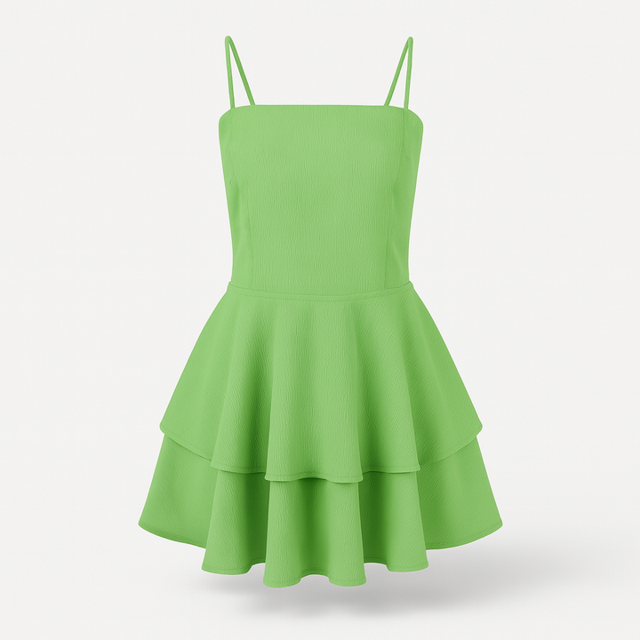 Elegant light green ruffle mini dress with spaghetti straps, perfect for summer events.