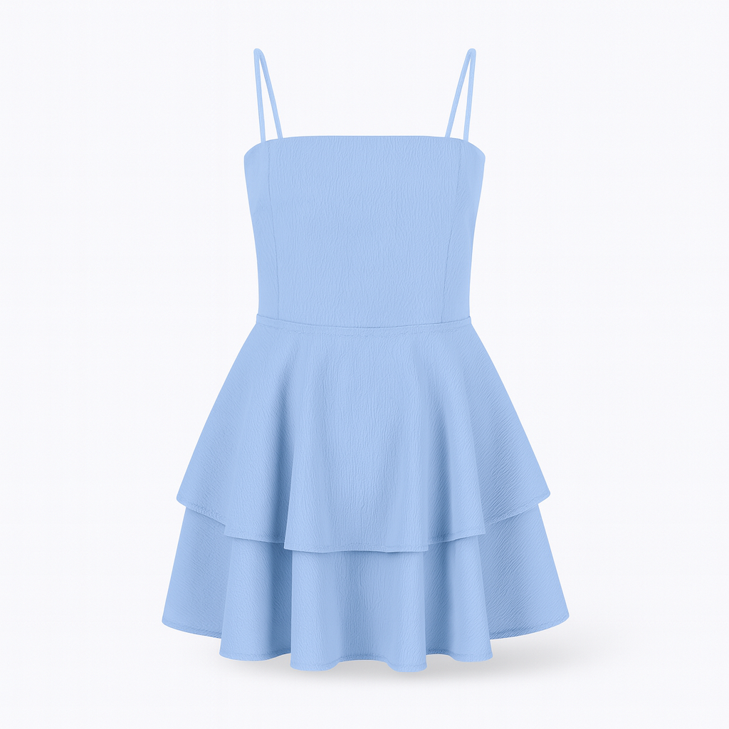 Stylish light blue spaghetti strap mini dress with ruffles, perfect for casual outings.