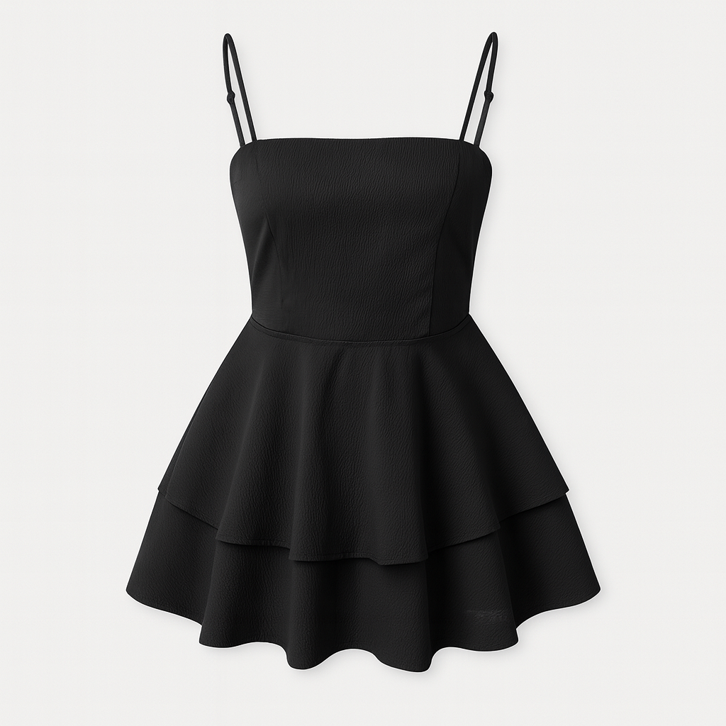 Light blue elegant ruffle mini dress with thin straps, perfect vacation wear for women.