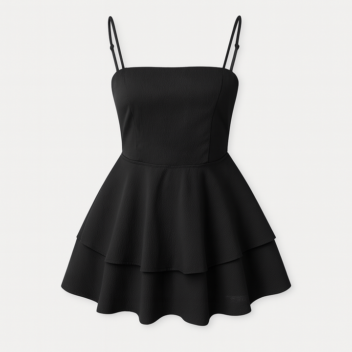 Light blue elegant ruffle mini dress with thin straps, perfect vacation wear for women.