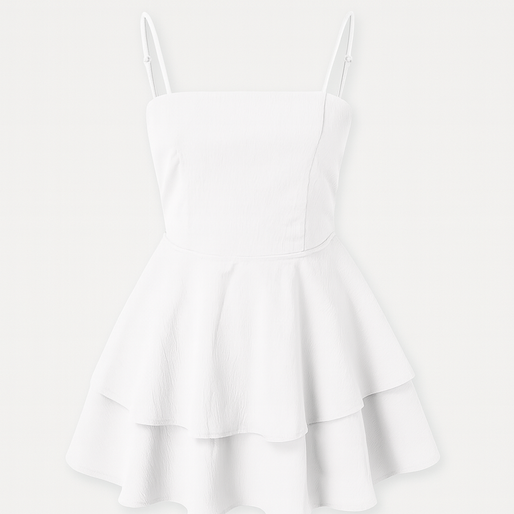White elegant A-line ruffle mini dress, lightweight & stylish for warm weather outings.