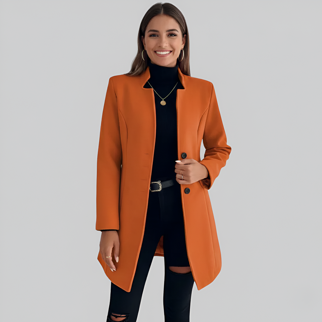 Elegant long button-front coat for women, sophisticated fall & winter outerwear.