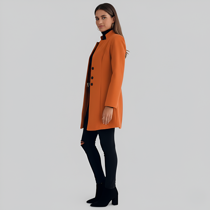 Classic women's long button-front coat, luxurious formal style for winter and fall fashion.