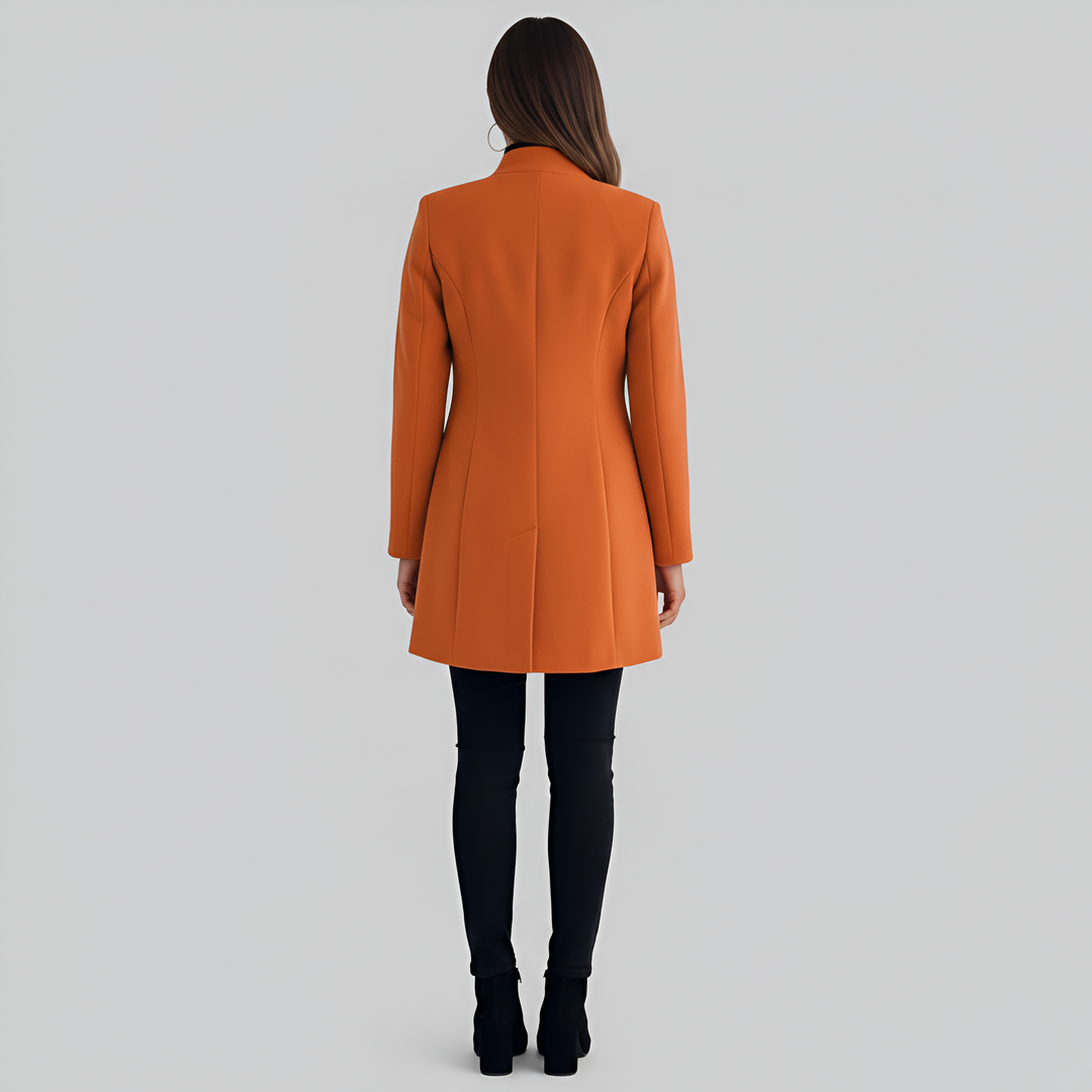 Women's stylish long button-front coat, an elegant and chic choice for fall & winter outerwear.