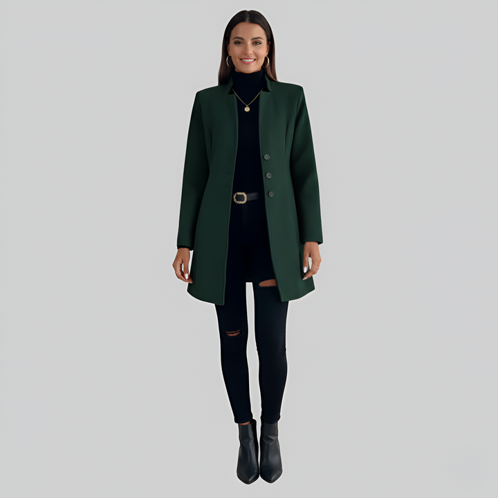 Formal long button-front coat for women, essential elegant outerwear for sophisticated winter & fall style.