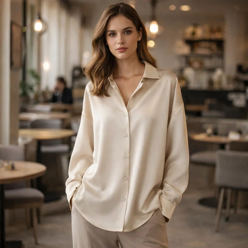 Elegant long sleeve women's office blouse, loose fit, perfect for professional workwear & everyday chic style.