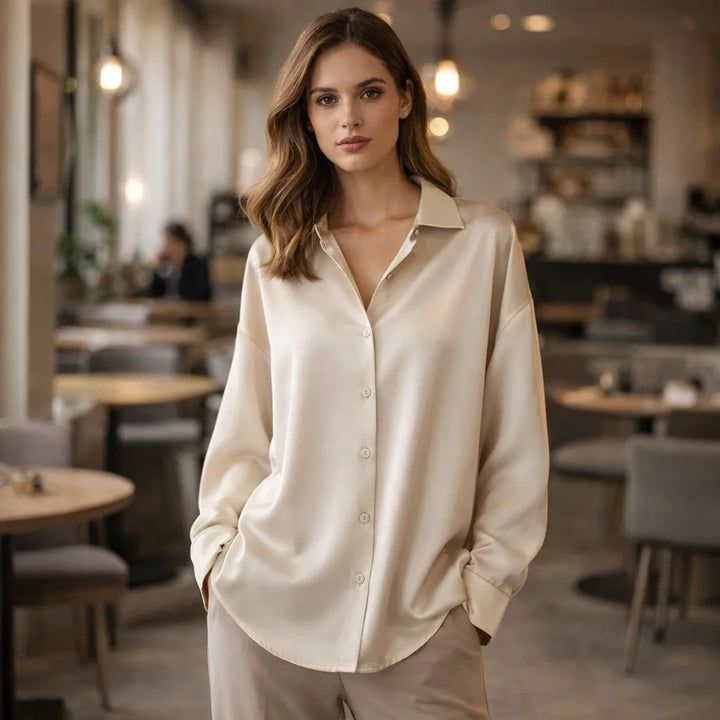 Elegant long sleeve women's office blouse, loose fit, perfect for professional workwear & everyday chic style.
