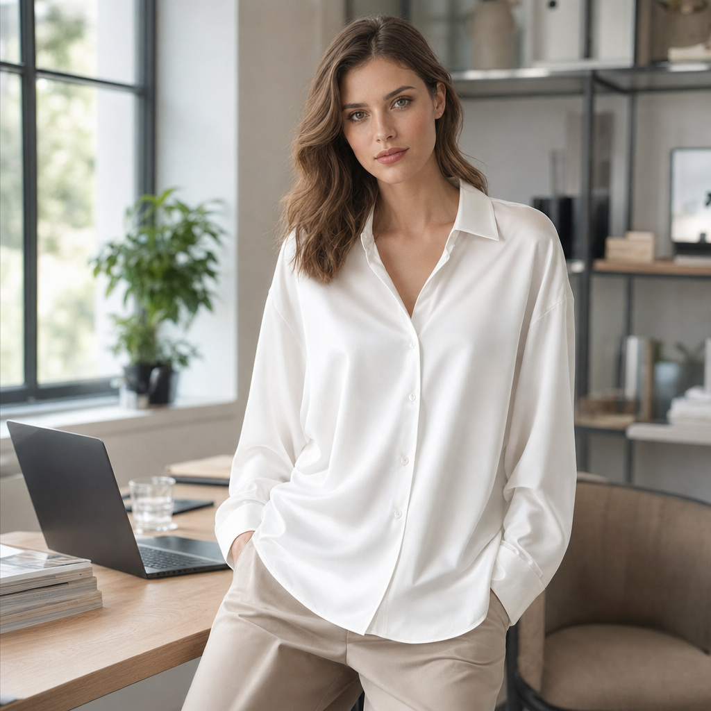 Versatile women's long sleeve blouse, professional and elegant, ideal for office workwear or chic everyday style.