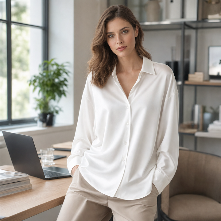 Versatile women's long sleeve blouse, professional and elegant, ideal for office workwear or chic everyday style.