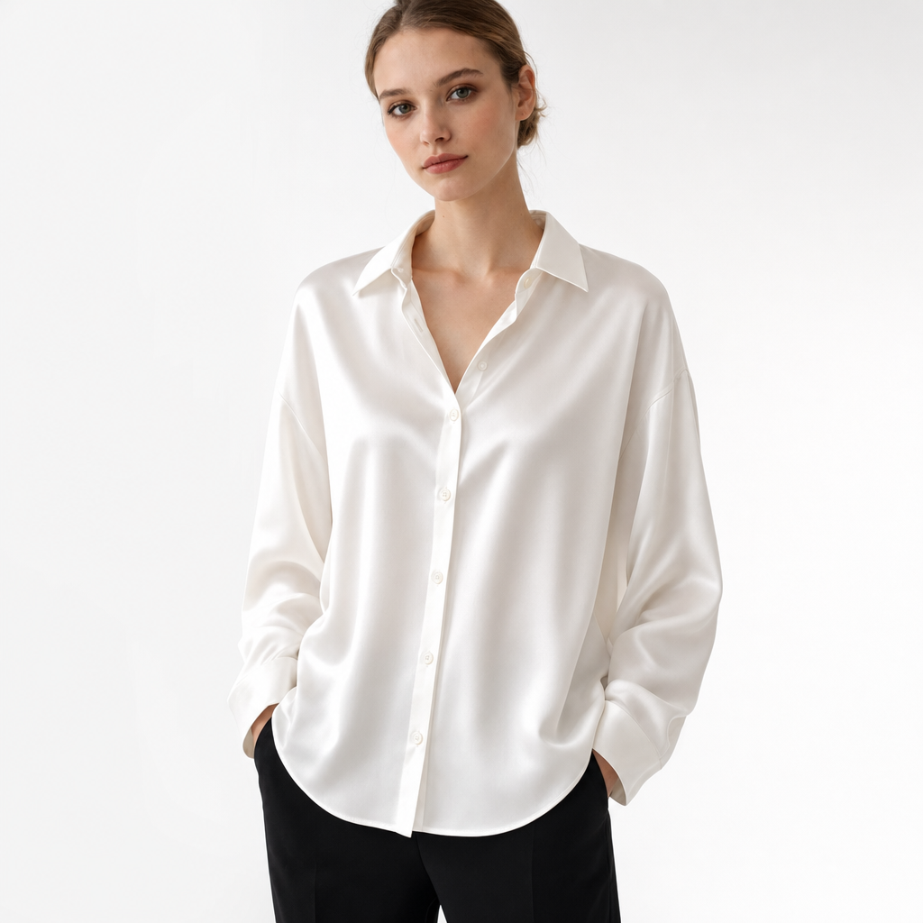 Modern women's elegant long sleeve blouse, a chic loose fit top for professional office wear and versatile fashion.