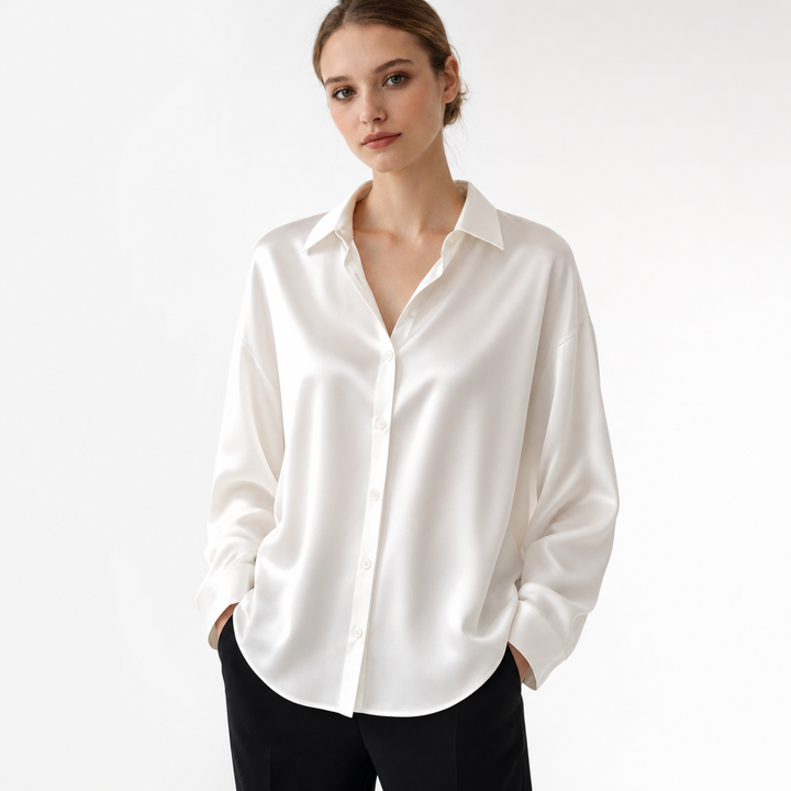 Modern women's elegant long sleeve blouse, a chic loose fit top for professional office wear and versatile fashion.
