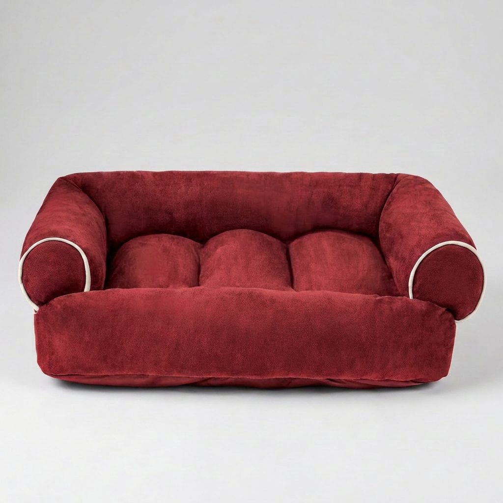 Side view of a comfortable dog couch with plush cushioning, providing luxury support for any pet.