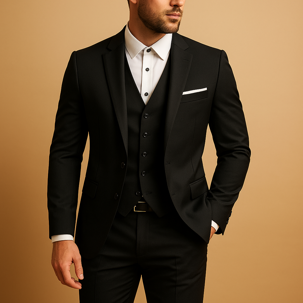 Elegant men's 3-piece slim fit suit with vest & classic lapel, perfect for weddings, business, or formal events.