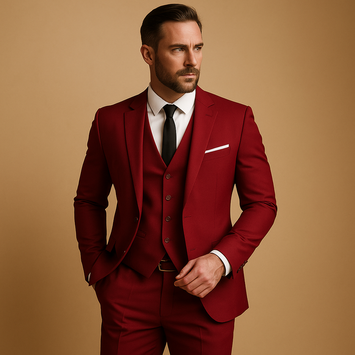 Fashionable men's slim fit 3-piece suit, complete with vest & classic lapel, suitable for elegant men's fashion.
